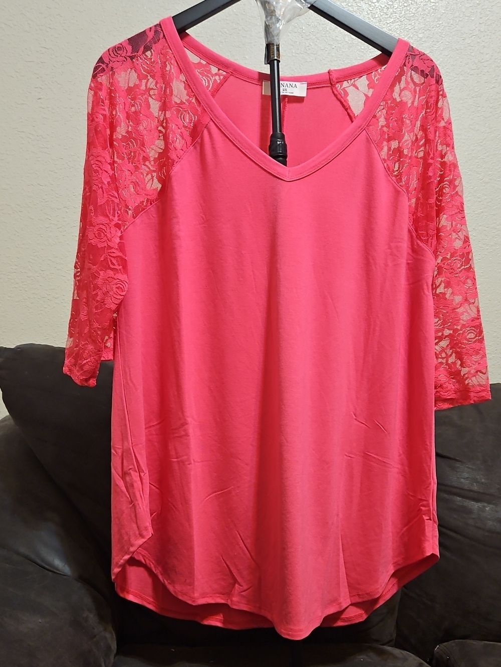 Zenana Outfitters Bright Pink Lace Sleeve V-Neck Long Sleeve Tee